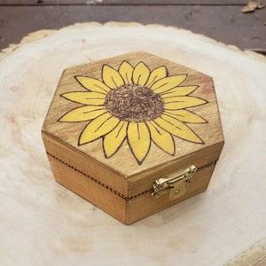 Sunflower wooden box, Woodburned floral box, Engraved ring box, Engraved jewelry box, Crystal storage box, Sunflower art, Ring storage box