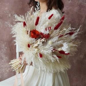 White and Bright Red Wedding bouquet,Rustic Boho wedding bouquet,natural Dried wedding flowers bouquet ,Pampas Grass bouquet,Bridal bouquet