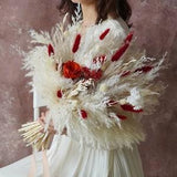 White and Bright Red Wedding bouquet,Rustic Boho wedding bouquet,natural Dried wedding flowers bouquet ,Pampas Grass bouquet,Bridal bouquet