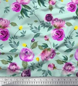 Soimoi Green Velvet Fabric Leaves & Ranunculus Floral Decor Fabric-meS