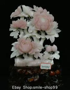 20" Chinese Natural Pink Xiu Jade Carved Fengshui Peony Flower Wealth Statue