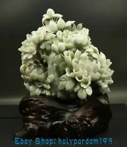 15.4" Chinese Natural Xiu Jade Hand Carving Peony Flower Wealth Lucky Statue
