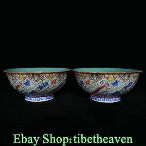 5.2" Marked Old Chinese Famille Rose Porcelain Palace Flower Peony Bowls Pair