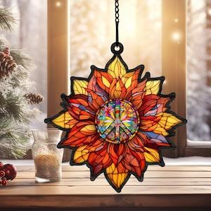 Sunflower Hippie Suncatcher, Gift For Hippie, Hippie Home Decoration, Gift For Sunflower Lovers, Sunflower Hippie Christmas Ornament