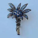 VIntage Blue Crystal Rhinestones Lily Flower / Palm Tree Brooch Pin Silver Tone
