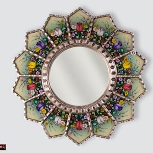 Sunflower Mirror wall art 23.6", Peruvian luxury Round Mirror, Painting on Glass Round Mirror for wall decor, Silver leaf wood framed mirror