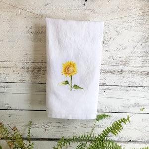 Sunflower French linen tea towel, white stone washed dish towel, yellow floral kitchen decor, house warming, flower watercolor art