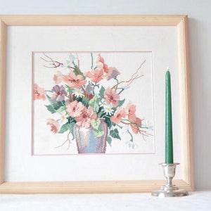 Vintage needlepoint bouquet of pale pink rose flowers- Framed needlepoint