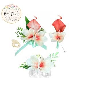 Coral Real touch calla lily Plumeria Corsage Boutonniere Headpiece flower comb-Pick ribbon color