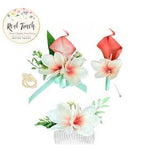 Coral Real touch calla lily Plumeria Corsage Boutonniere Headpiece flower comb-Pick ribbon color