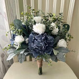 Hydrangea wedding bouquet, steel blue hydrangea premium white roses & greenery bridal, dark dusty smokey blue, eucalyptus sage bridesmaids