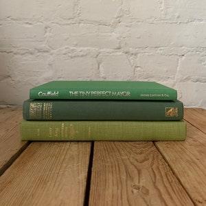 Green book stack, green staging books, green shelf aesthetic, coffee table books, green decorative books, green prop books, green home decor