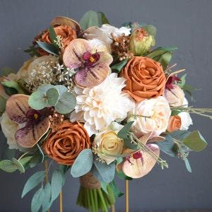 Rust Orange Champagne Wedding Bouquet, Fall Boho Bridal Bouquet, Terracotta Bridesmaids Bouquets, Boutonnieres, Brown Orchid