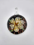 Art Glass White Calla Lily 1.5" Round Pendant Gold Flecks Black Background