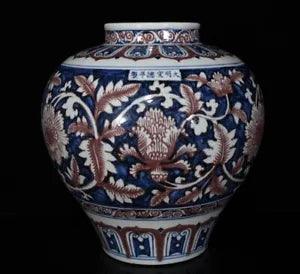 13.4" Old Porcelain ming dynasty xuande mark Blue white red peony flower Jar pot