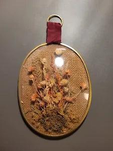 Vintage MCM Gold Tone Convex Frame Dried Flower Wall Art Burlap Background 7"x5"