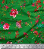 Soimoi Green Velvet Fabric Leaves & Ranunculus Floral Printed Fabric-1fk