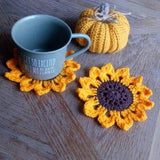 Sunflower coasters, autumnal decor, home decor, housewarming gift, crochet coasters, floral, sunflowers