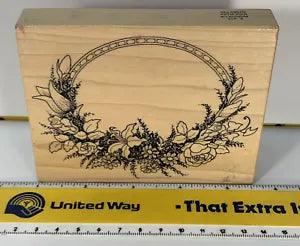 PSX Floral Oval Frame K-413 Flower Spray Roses Lily Daisy Wood Rubber Stamp