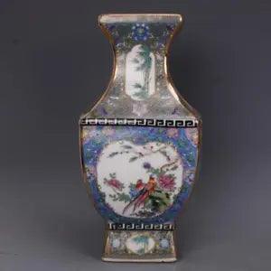 9.4"China Colour Enamels Porcelain Gild Peony Flower Phoenix Bird Six Sides Vase