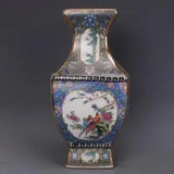 9.4"China Colour Enamels Porcelain Gild Peony Flower Phoenix Bird Six Sides Vase