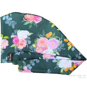 Pink Peony Bouquet on Green Surgical Scrub Hat, Women's Watercolour Flower Pixie Scrub Cap | Custom Caps Co.