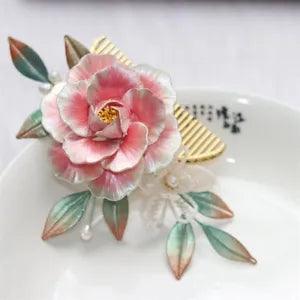 Silk Peony Handmade Hair Comb Hairpin Kimono Hanfu Fairy Head Accessories