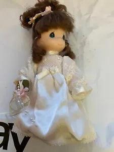 Precious Moments Hard Plastic Bride Doll 8 Inch Wedding Dress Carnation Flowers
