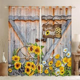 Handmade Vintage Wooden Barn Window Curtains, Rustic Sunflower Daisy Graffiti Window Drapes, Farmhouse Style Housewarming Curtain Set