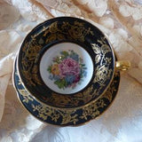 Staffordshire Black, gold roses, rose floral  bouquet, wide mouth tea cup.
