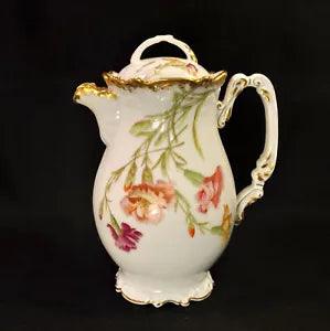 Limoges Coiffe Chocolate Pot T&V Hand Painted #6326 Carnations w/Gold 1892-1907