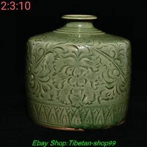 6.7" Old Chinese Song Dynasty Yaozhou Kiln Porcelain Palace Peony Flower Bottle