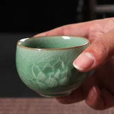 2.87" Creative Tea Cup Longquan Celadon Crackle Glaze Porcelain Cup Peony Relief