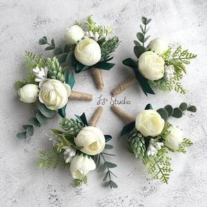 Greenery Ivory Wedding Boutonniere Ranunculus Eucalyptus Hops Rustic Boutineer Set Silk Flower Corsage for Men Artificial Buttonholes Decor