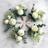 Greenery Ivory Wedding Boutonniere Ranunculus Eucalyptus Hops Rustic Boutineer Set Silk Flower Corsage for Men Artificial Buttonholes Decor