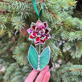 Stained glass Flower Red iridescent Suncatcher, Wall Window Nature decor, Orchid, Everlasting Plant, Christmas Ornament Set, cacti succulent