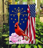 Indiana garden flag with red cardinal perched on pink peony, blue emblem and stars & stripes