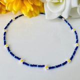 Blue Beaded Flower Daisy Necklace, Minimalist Blue Flower Daisy Seed Beaded Choker Necklace, Dainty Seed Beaded Floral Daisy Choker Bracelet