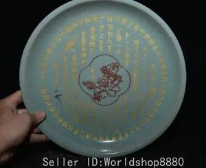 12" Old China Song Dynasty Ru Kiln Porcelain Gilt Words Peony Flower Plate Dish