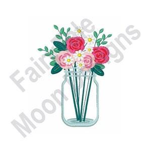 Mason Jar Rose Bouquet - Machine Embroidery Design, Glass Jar Wedding Flowers Embroidery Design, Flower Arrangement Embroidery Pattern