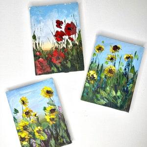 Sunflowers painting Poppies painting Set of paintings Small painting Wall art set