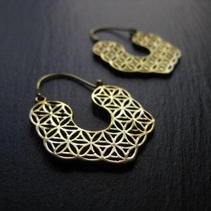 Brass Flower of Life Hoop Earrings . Gold Sacred Geometry Jewelry . Mandala Geometric Earrings . Spiritual Yoga Jewellery