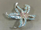 RARE SIGNED GIVENCHY LILY FLOWER AQUA & PINK EMBEDDED CRYSTAL SILVER TONE BROOCH
