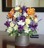 Vintage Metal Flour Sifter With Orange, Yellow and Purple Silk Arrangement