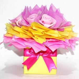 VALENTINE DAY! Pink & Yellow Centrepiece Rose Flowers Bouquet - Wedding, Centrepiece, Decor, Peony Bouquet, Wedding Gift