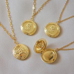 Gold Locket Charm with Floral Emboss, 14K Gold Plated Copper, Gold Curb Chain Necklace, Gold Necklace, Victorian Necklace, Gift for Her