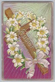 NEW LISTINGPostcard EASTER CROSS WITH LILIES Silver Metallic Ink Unposted Embossed DB