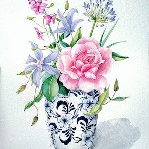 ORIGINAL watercolor painting, flowers in vase painting, still life painting, bouquet painting, chinoiserie vase wall art, watercolor rose