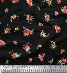 Soimoi Black Velvet Fabric Leaves & Peony Floral Fabric Prints By-XAt