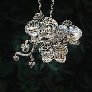 Orchid Flower Pendant.  Three Orchids and Buds on a vine, flower pendant,  Botanical Floral Jewelry. Multiple Materials Available